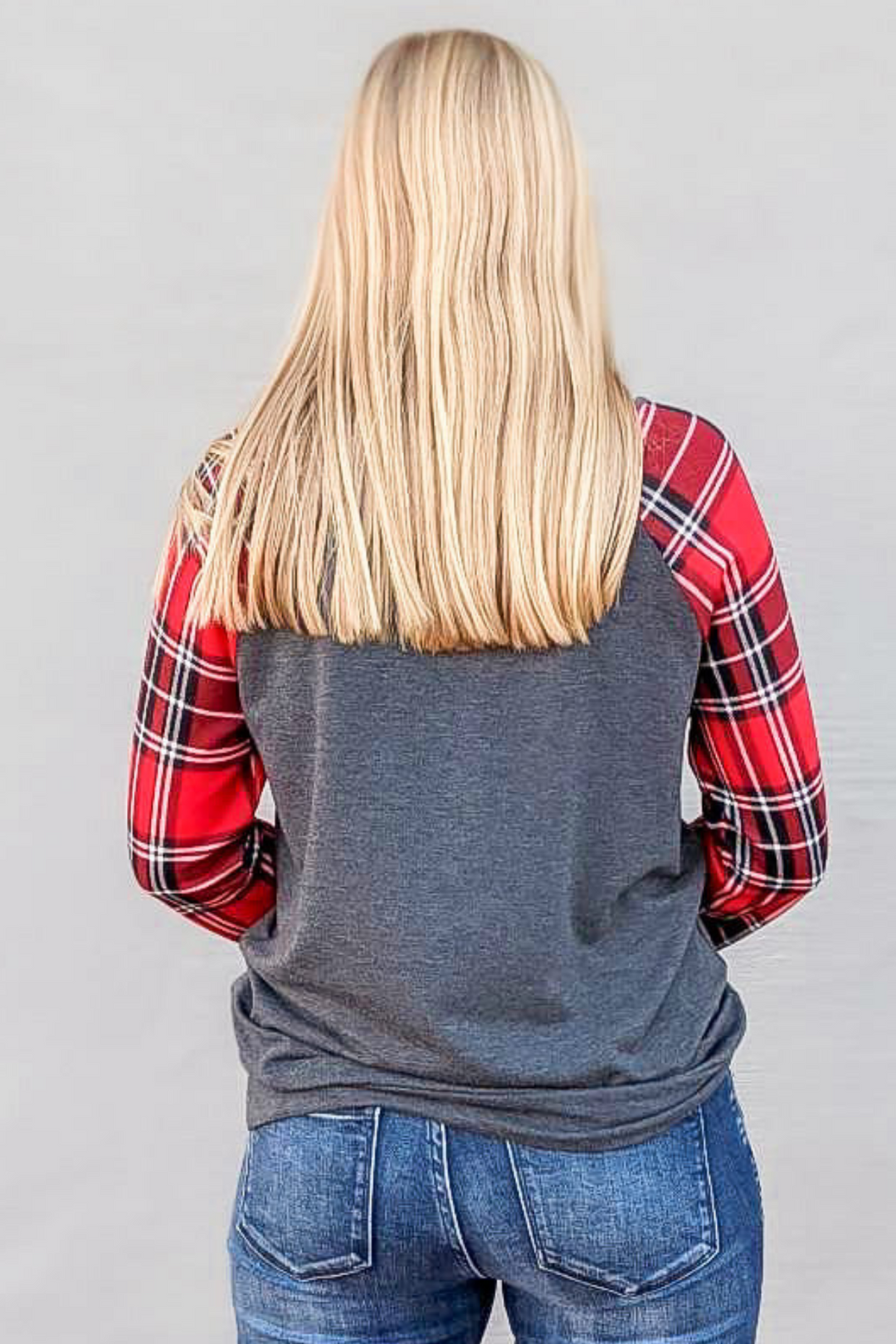 Sequined Pocket Plaid Top - Red
