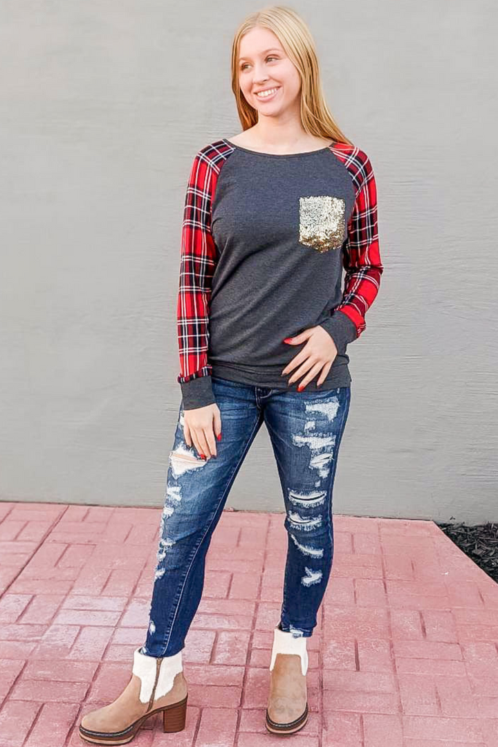 Sequined Pocket Plaid Top - Red