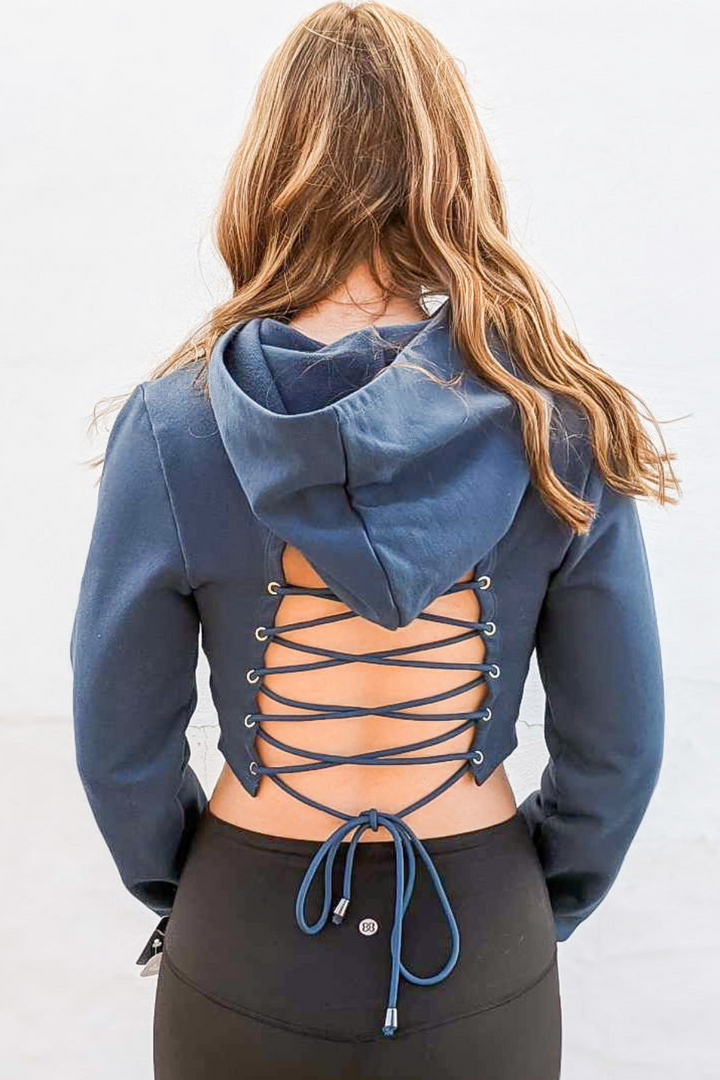 Lace Up Back Crop Hoodie Sweater
