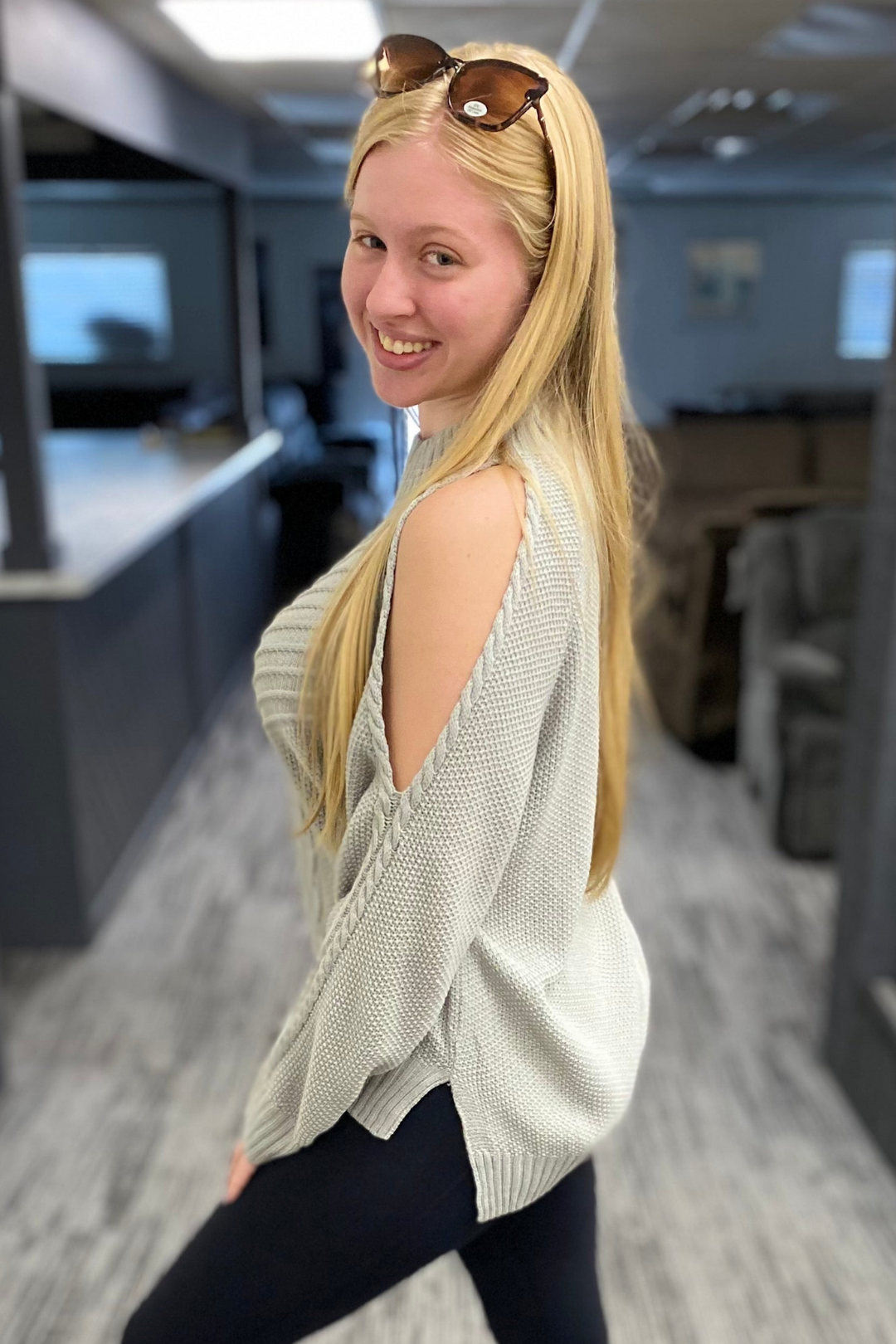 Cold Shoulder Knit Sweater - Grey