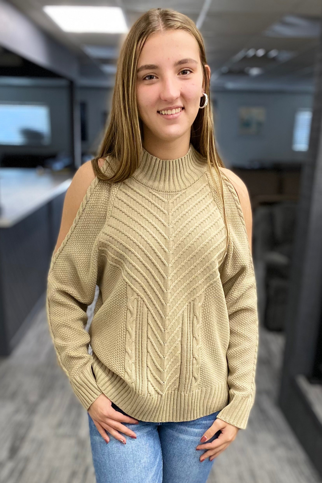 Cold Shoulder Knit Sweater - Khaki