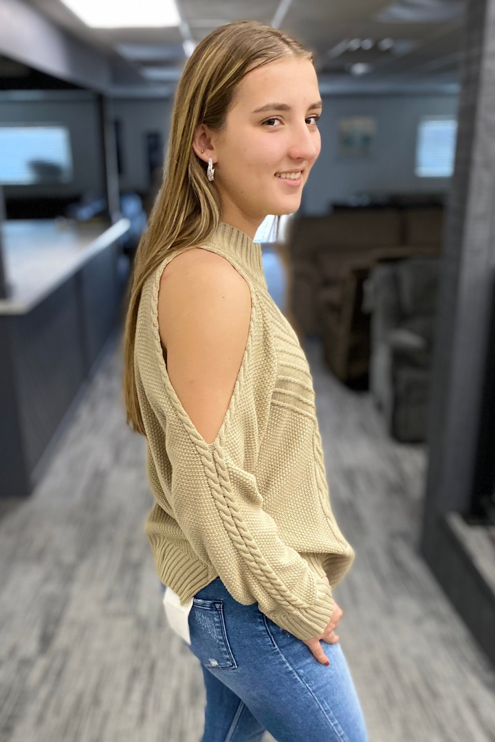Cold Shoulder Knit Sweater - Khaki